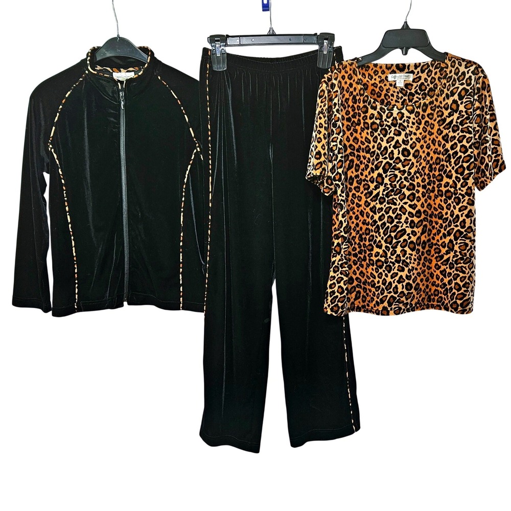 Coldwater Creek Black Leopard Velvet 3pc Jacket Pants Top Set PM Mob Wife Luxe